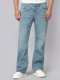 Light Blue Mid Rise Cropped Length Loose Boot Leg Stretch Jeans
