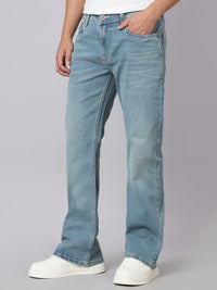 Light Blue Mid Rise Cropped Length Loose Boot Leg Stretch Jeans