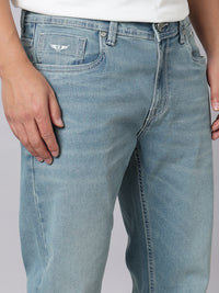 Light Blue Mid Rise Cropped Length Loose Boot Leg Stretch Jeans