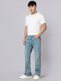 Light Blue Mid Rise Cropped Length Loose Boot Leg Stretch Jeans
