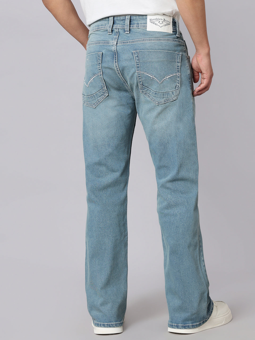 Light Blue Mid Rise Cropped Length Loose Boot Leg Stretch Jeans