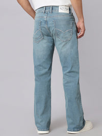 Light Blue Mid Rise Cropped Length Loose Boot Leg Stretch Jeans