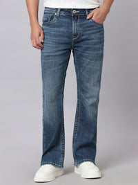 Med Blue Mid Rise Cropped Length Loose Boot Leg Stretch Jeans