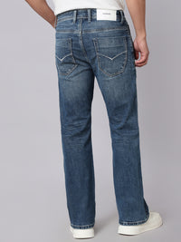 Med Blue Mid Rise Cropped Length Loose Boot Leg Stretch Jeans