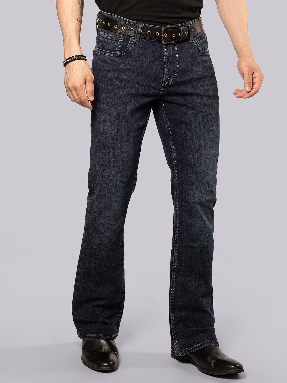 Dark Blue Mid Rise Loose Boot Leg Stretch Jeans