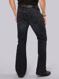 Dark Blue Mid Rise Loose Boot Leg Stretch Jeans