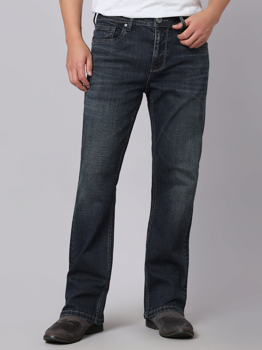 Dark Blue Mid Rise Cropped Length Loose Boot Leg Stretch Jeans
