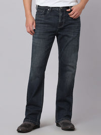 Dark Blue Mid Rise Cropped Length Loose Boot Leg Stretch Jeans