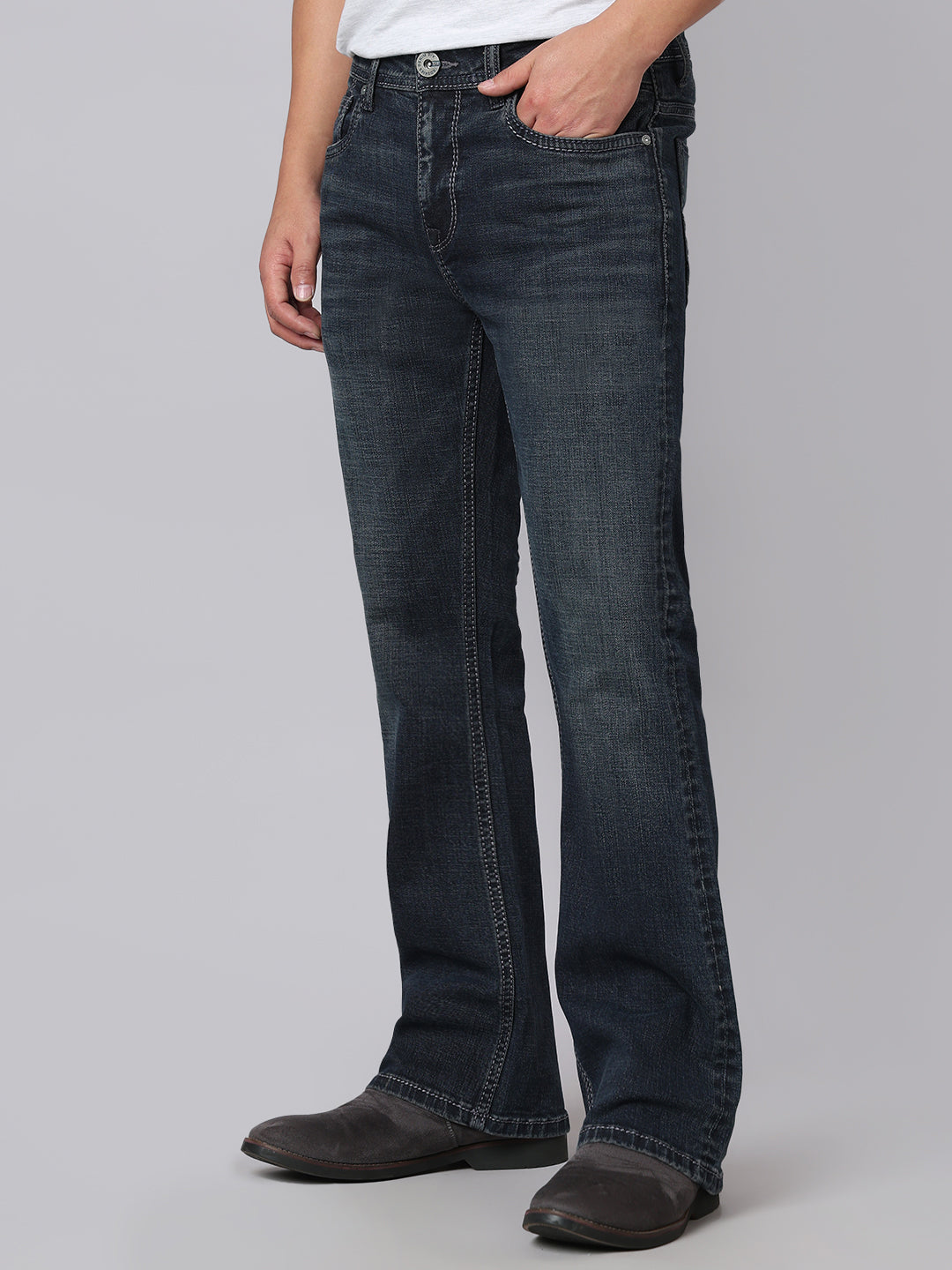 Dark Blue Mid Rise Cropped Length Loose Boot Leg Stretch Jeans