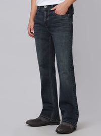 Dark Blue Mid Rise Cropped Length Loose Boot Leg Stretch Jeans