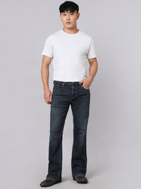 Dark Blue Mid Rise Cropped Length Loose Boot Leg Stretch Jeans