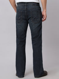 Dark Blue Mid Rise Cropped Length Loose Boot Leg Stretch Jeans