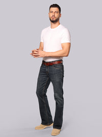 Dark Blue Mid Rise Loose Boot Leg Stretch Jeans