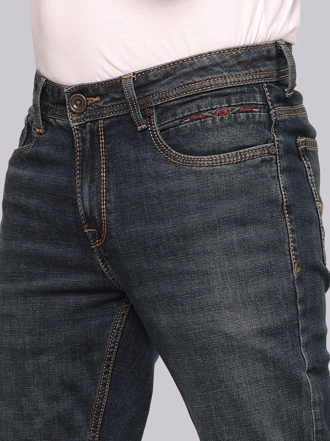 Dark Blue Mid Rise Loose Boot Leg Stretch Jeans