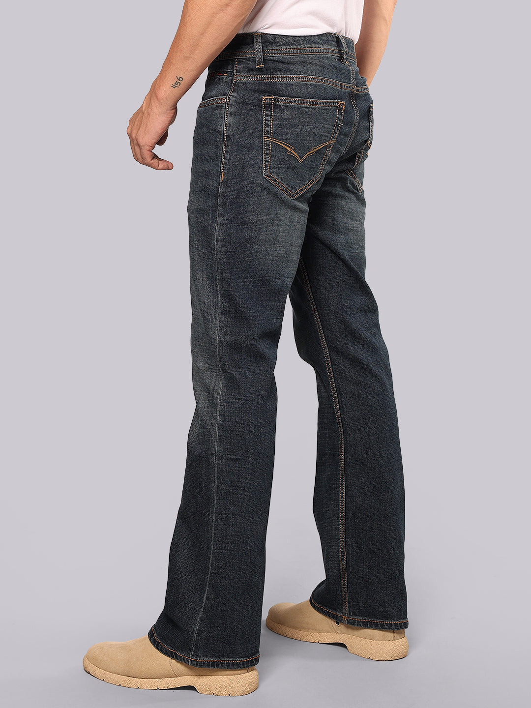Dark Blue Mid Rise Loose Boot Leg Stretch Jeans
