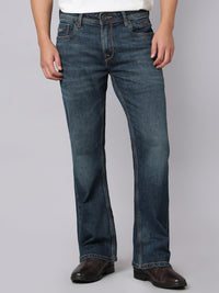 Dark Blue Mid Rise Cropped Length Loose Boot Leg Stretch Jeans