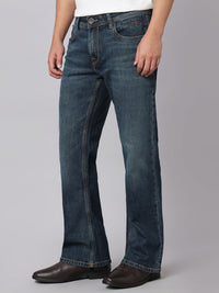 Dark Blue Mid Rise Cropped Length Loose Boot Leg Stretch Jeans