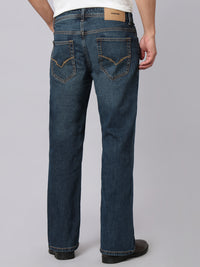 Dark Blue Mid Rise Cropped Length Loose Boot Leg Stretch Jeans