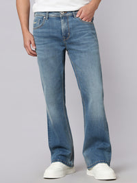 Med Blue Mid Rise Cropped Length Loose Boot Leg Stretch Jeans