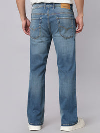 Med Blue Mid Rise Cropped Length Loose Boot Leg Stretch Jeans