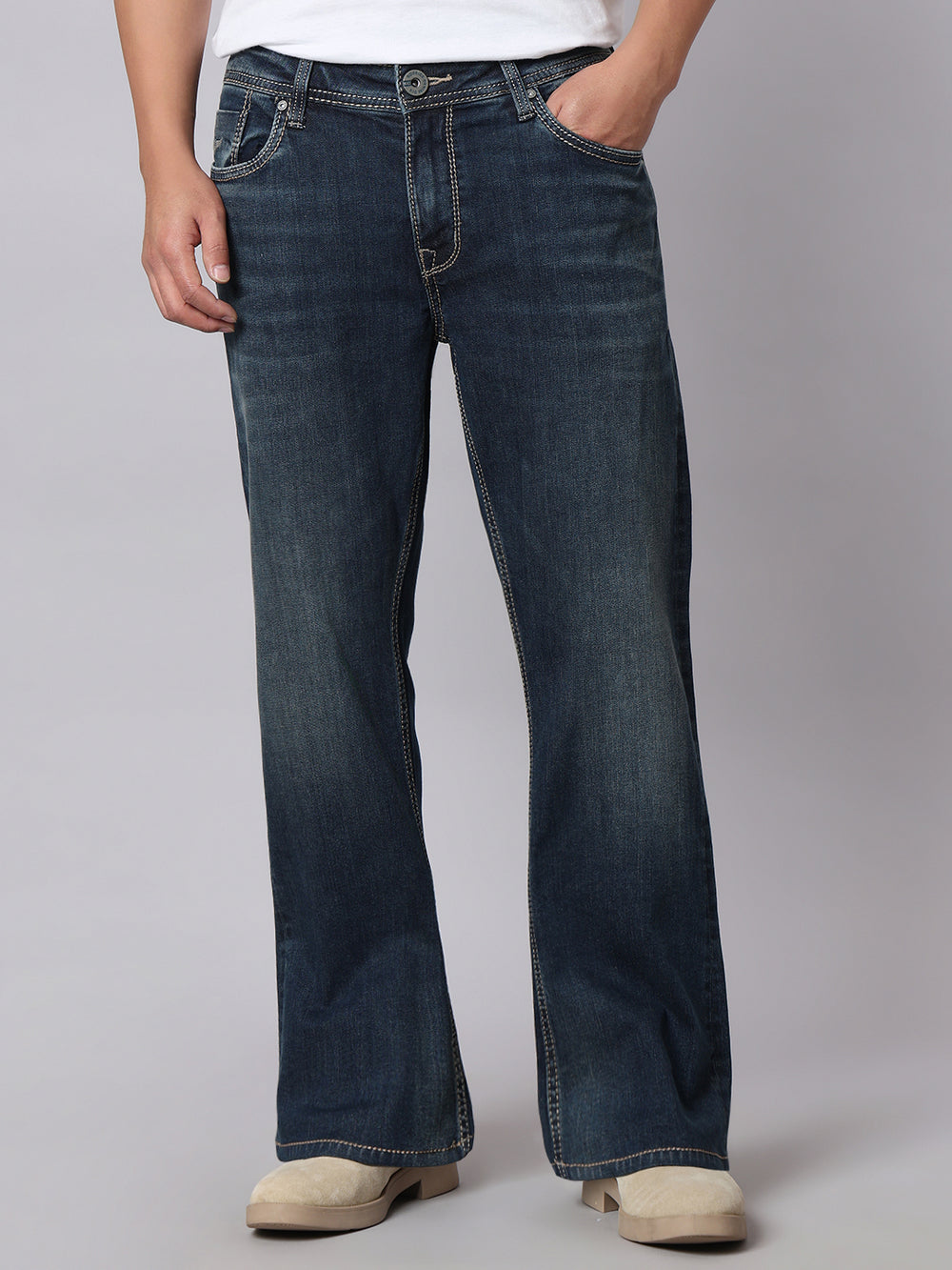 Dark Blue Mid Rise Cropped Length Loose Boot Leg Stretch Jeans