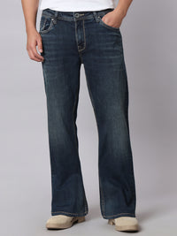 Dark Blue Mid Rise Cropped Length Loose Boot Leg Stretch Jeans