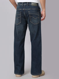 Dark Blue Mid Rise Cropped Length Loose Boot Leg Stretch Jeans