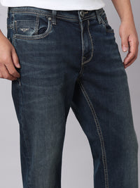 Dark Blue Mid Rise Cropped Length Loose Boot Leg Stretch Jeans
