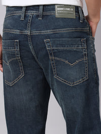 Dark Blue Mid Rise Cropped Length Loose Boot Leg Stretch Jeans