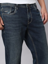 Dark Blue Mid Rise Cropped Length Loose Boot Leg Stretch Jeans