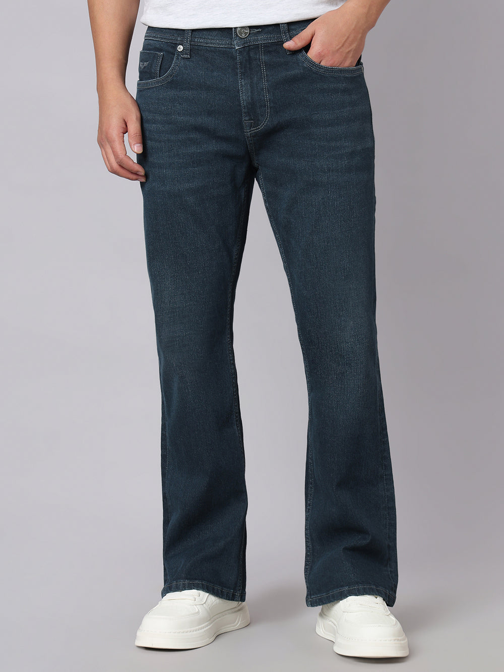 Petrol Mid Rise Cropped Length Loose Boot Leg Stretch Jeans
