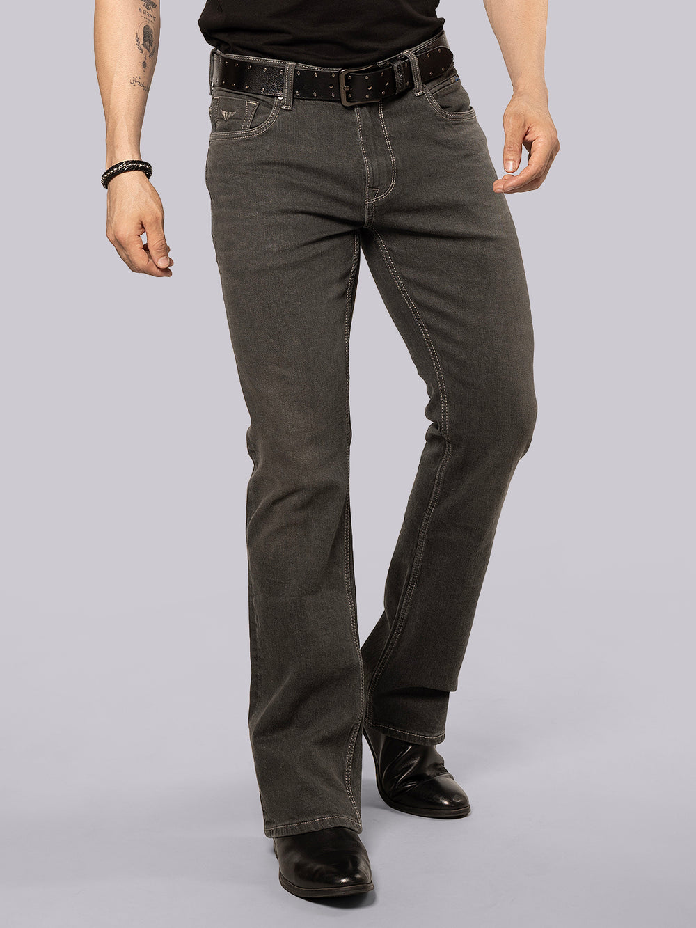 Ash Grey Mid Rise Loose Boot Leg Stretch Jeans