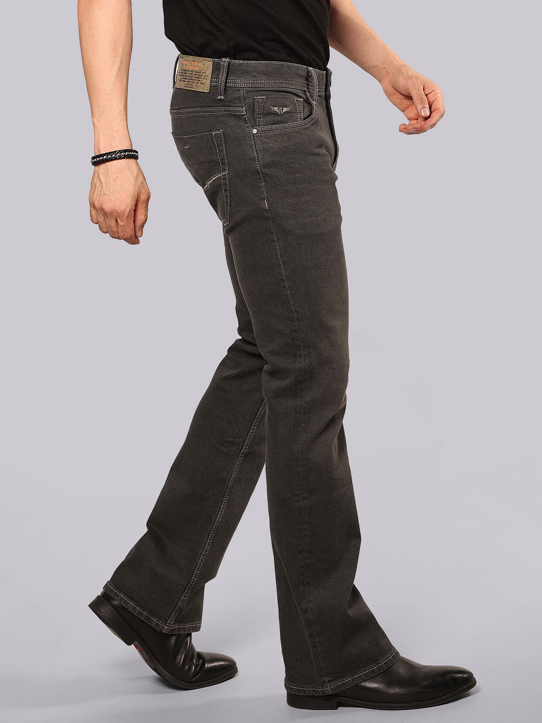 Ash Grey Mid Rise Loose Boot Leg Stretch Jeans