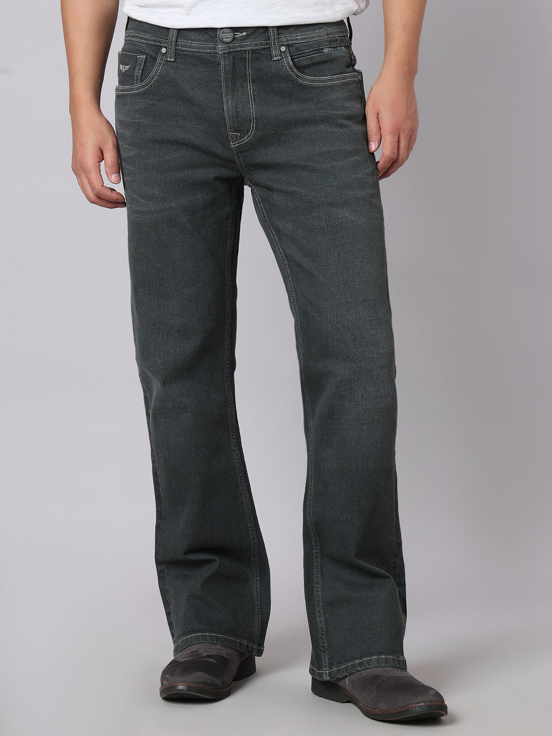Ash Grey Mid Rise Cropped Length Loose Boot Leg Stretch Jeans