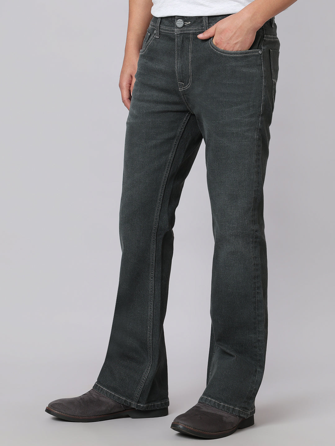 Ash Grey Mid Rise Cropped Length Loose Boot Leg Stretch Jeans