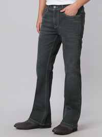 Ash Grey Mid Rise Cropped Length Loose Boot Leg Stretch Jeans