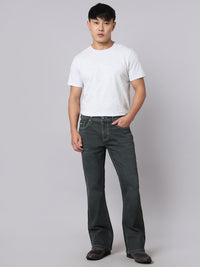 Ash Grey Mid Rise Cropped Length Loose Boot Leg Stretch Jeans