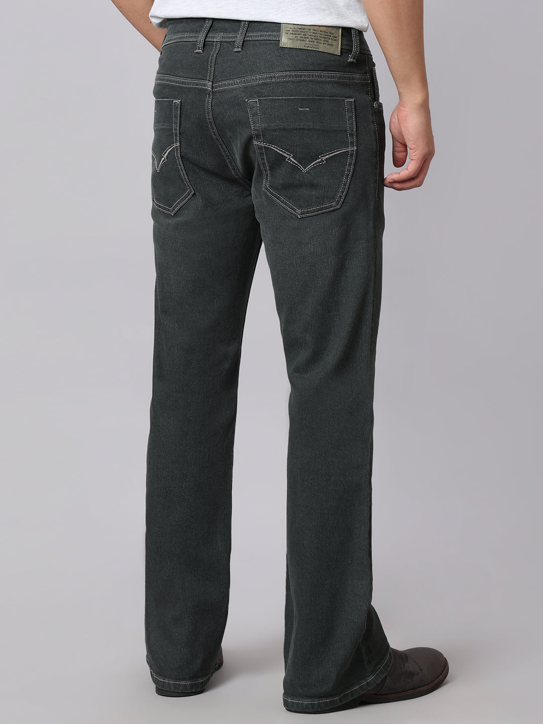 Ash Grey Mid Rise Cropped Length Loose Boot Leg Stretch Jeans