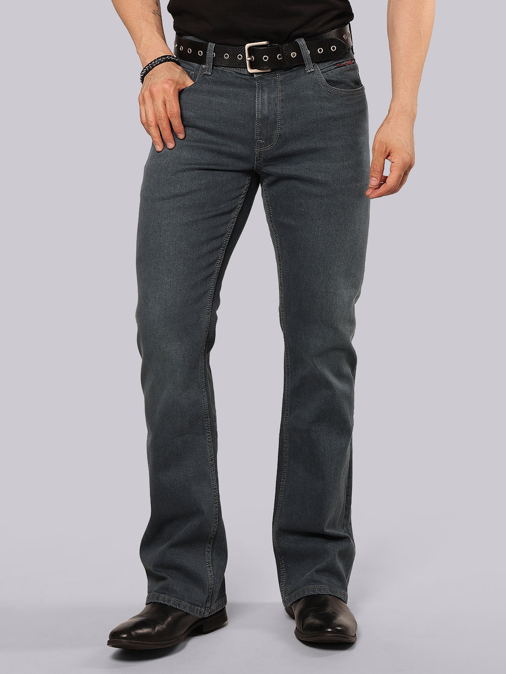 Greenish Blue Mid Rise Loose Boot Leg Stretch Jeans