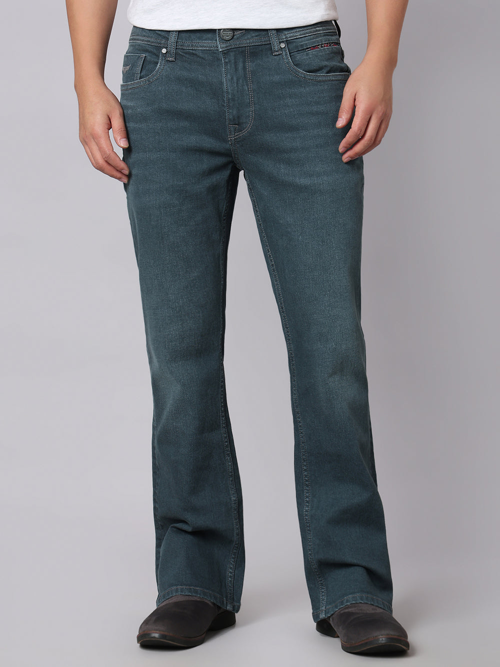 Greenish Blue Mid Rise Cropped Length Loose Boot Leg Stretch Jeans