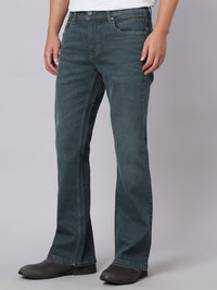 Greenish Blue Mid Rise Cropped Length Loose Boot Leg Stretch Jeans