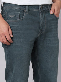 Greenish Blue Mid Rise Cropped Length Loose Boot Leg Stretch Jeans