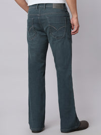 Greenish Blue Mid Rise Cropped Length Loose Boot Leg Stretch Jeans