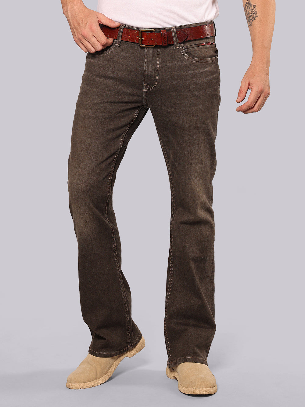 Brown Mid Rise Loose Boot Leg Stretch Jeans