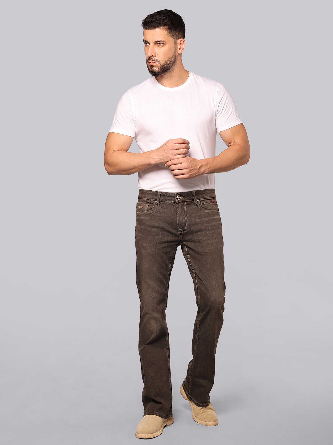 Brown Mid Rise Loose Boot Leg Stretch Jeans