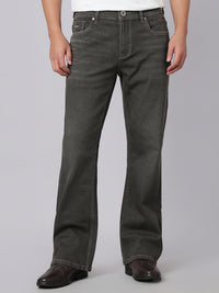 Brown Mid Rise Cropped Length Loose Boot Leg Stretch Jeans