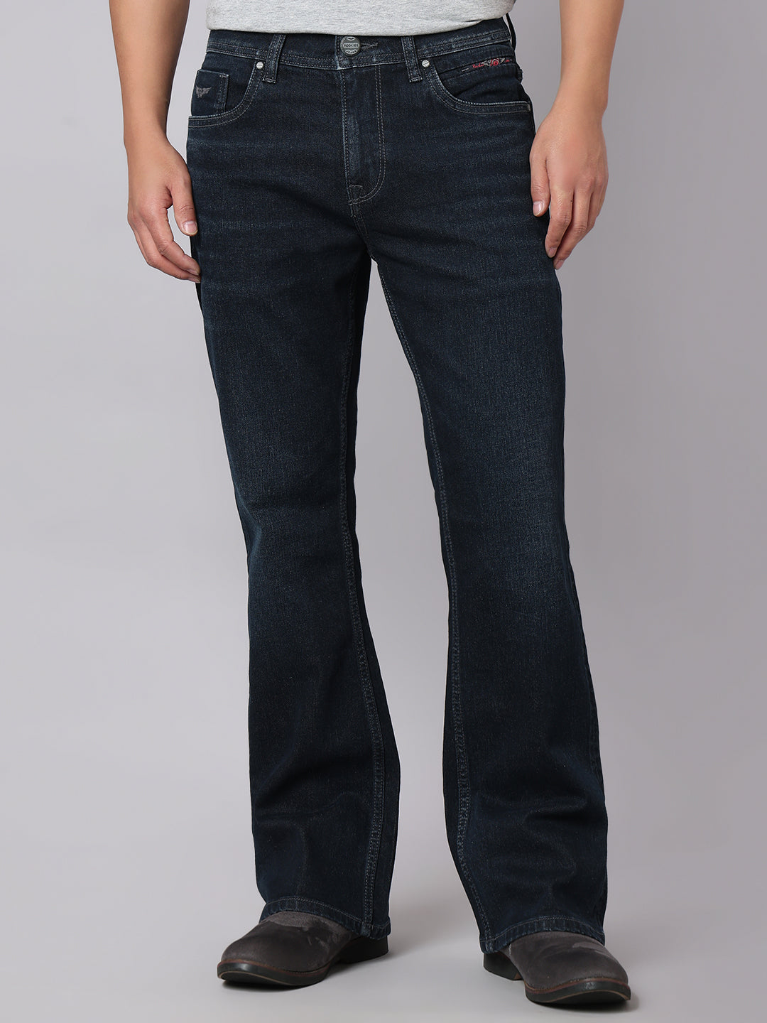 Dark Blue Mid Rise Cropped Length Loose Boot Leg Stretch Jeans