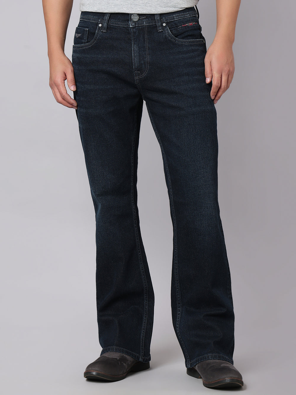 Dark Blue Mid Rise Cropped Length Loose Boot Leg Stretch Jeans