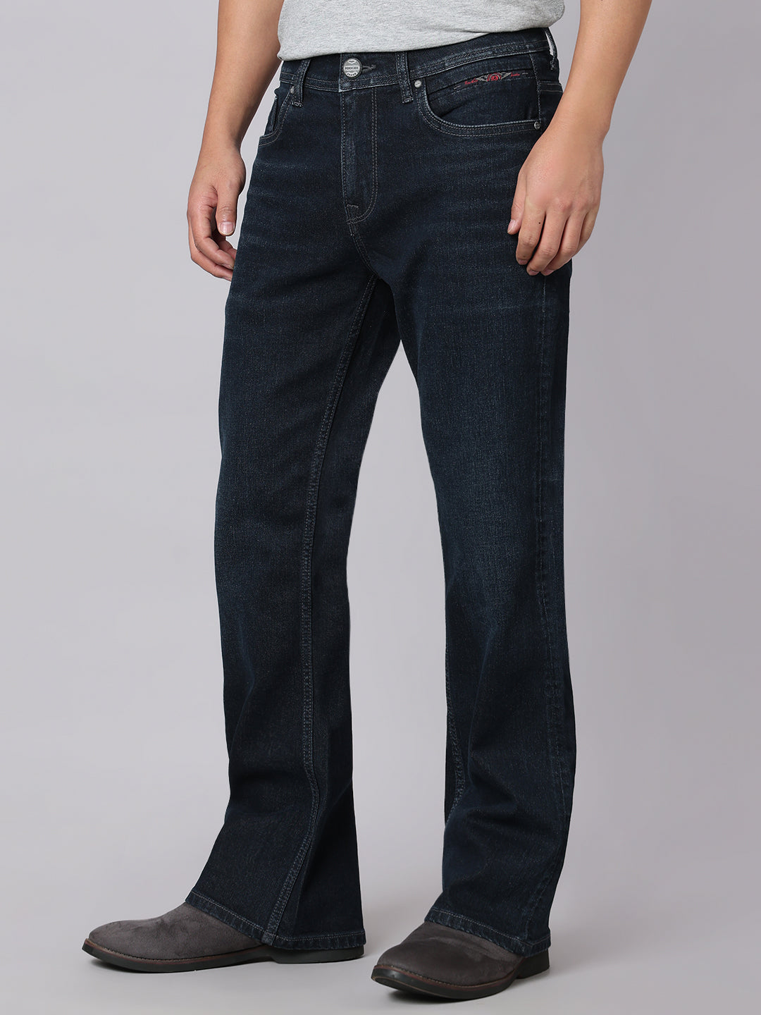 Dark Blue Mid Rise Cropped Length Loose Boot Leg Stretch Jeans