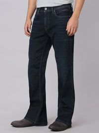 Dark Blue Mid Rise Cropped Length Loose Boot Leg Stretch Jeans